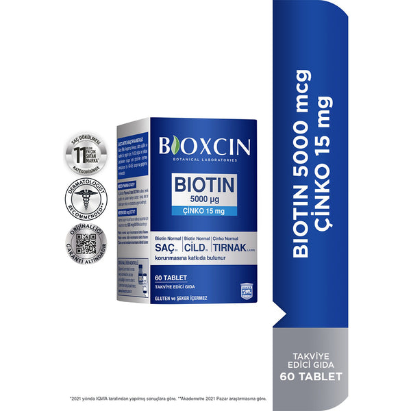 Bioxcin Biotin فيتامين بيوتين لإطالة الشعر وصحة الأظافر والبشرة مكمل غذائي 5000ملج عبوة من 60حبة
