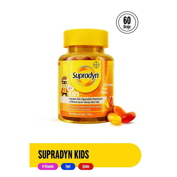 Supradyn Kids سوبرادين كيدز 60 قرص قابل للمضغ | مكمل غذائي يحتوي على 9 فيتامينات، اليود والزنك